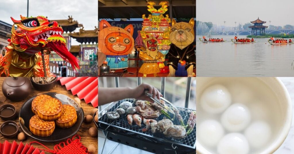 台湾の春節・元宵節・端午節・中秋節・冬至を代表する風景や食文化をまとめたコラージュ画像